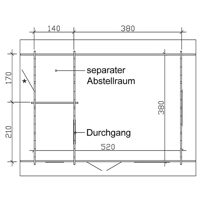 SKAN HOLZ Gartenhaus Esbjerg 1 - Außenmaß inkl. Dachüberstand (B x T): 480 x 620 cm, Holz, Natur - Grundriss eines Gartenhauses mit separatem Abstellraum und Durchgang, Maße in Millimetern.
