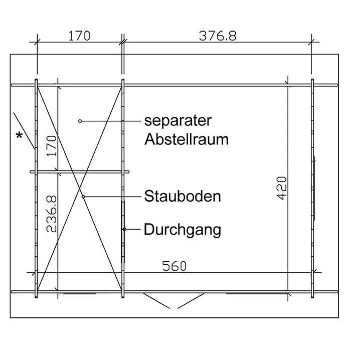 SKAN HOLZ Gartenhaus Esbjerg 2 - Außenmaß inkl. Dachüberstand (B x T): 520 x 660 cm, Holz, Natur - Schema des Gerätehauses mit Maßen für den separaten Abstellraum, Stauboden und Durchgang. Die Abmessungen sind in Millimetern angegeben.