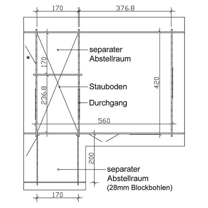 SKAN HOLZ Gartenhaus Esbjerg 3 - Außenmaß inkl. Dachüberstand (B x T): 720 x 660 cm, Holz, Natur - Grundrisszeichnung eines separaten Abstellraums mit Stauboden, Durchgang und den Maßen 170, 236.8, 376.8, 420, 560 mm.