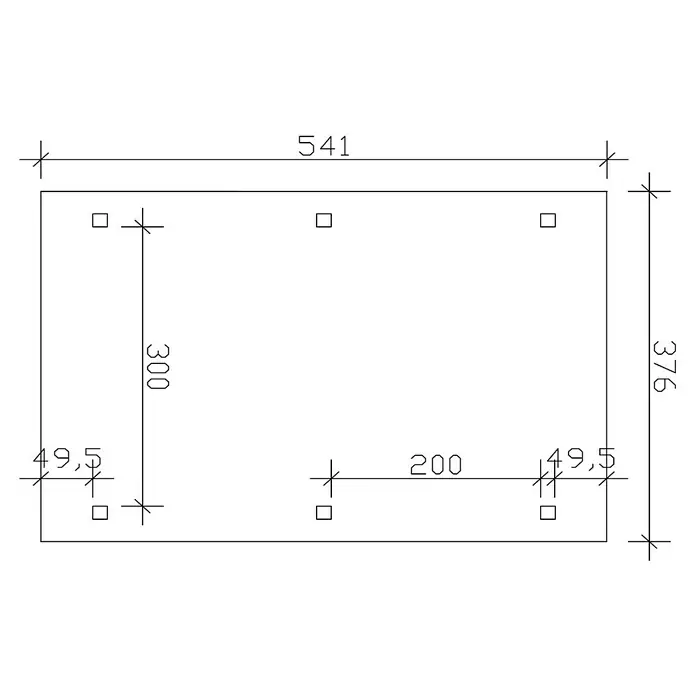 SKAN HOLZ Carport Franken - Außenmaß inkl. Dachüberstand (B x T): 3,76 x 5,41 m, Einzelcarport, Weiß - Draufsicht des Produkts mit Maßangaben für Länge (541), Breite (376) und Position der Aussparungen, die Abstände von 49,5, 300 und 200 zeigen.