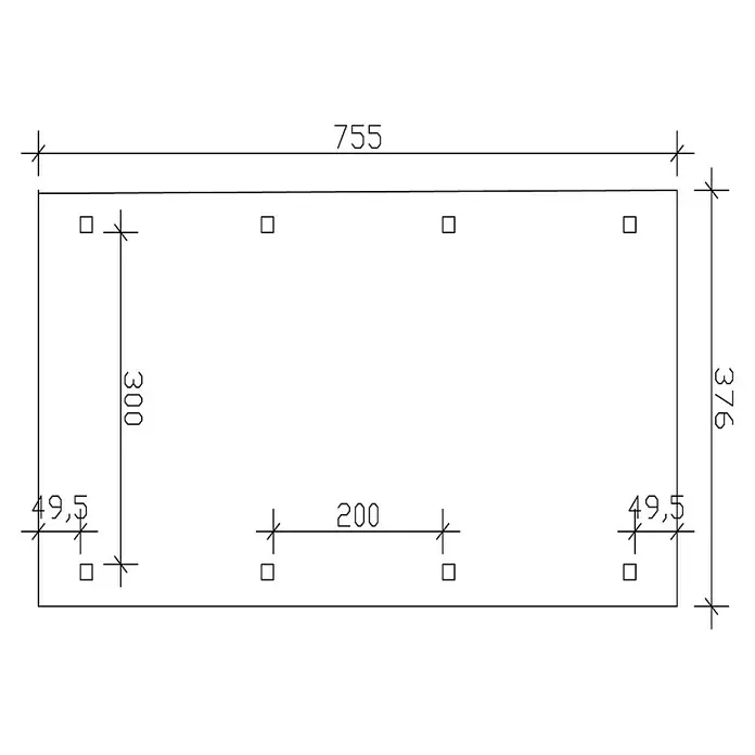 SKAN HOLZ Carport Franken - Außenmaß inkl. Dachüberstand (B x T): 3,76 x 7,55 m, Einzelcarport, Natur - Abbildung einer technischen Zeichnung eines rechteckigen Bauteils mit Maßangaben und Bohrungen zur Verwendung im Bauwesen oder Maschinenbau.