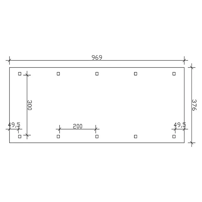 SKAN HOLZ Carport Franken - Außenmaß inkl. Dachüberstand (B x T): 3,76 x 9,69 m, Einzelcarport, Weiß - Technische Zeichnung eines rechteckigen Layouts mit Bemaßungen und quadratischen Elementen, die auf eine detaillierte Konstruktionsplanung hinweisen.