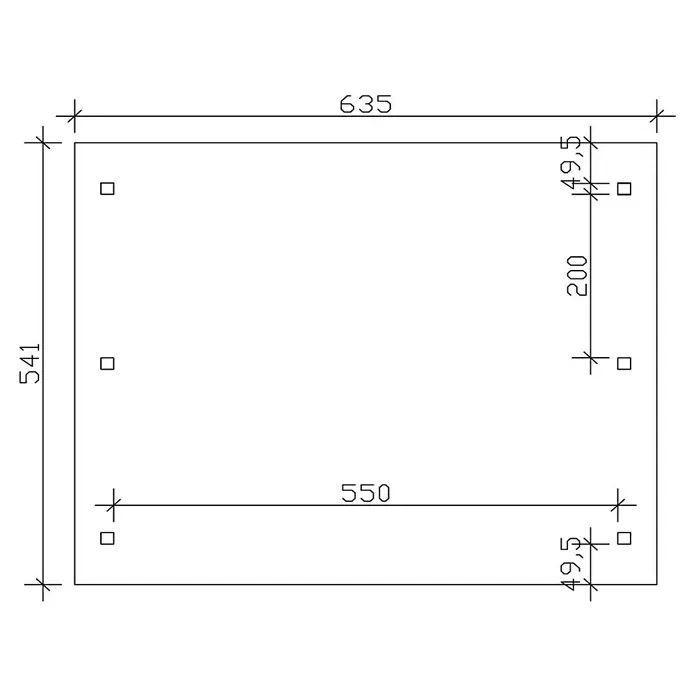 SKAN HOLZ Carport Franken - Außenmaß inkl. Dachüberstand (B x T): 6,35 x 5,41 m, Doppelcarport, Schiefergrau - Technische Zeichnung eines Rechtecks mit den Maßen 635 x 541 mm und sechs quadratischen Aussparungen.