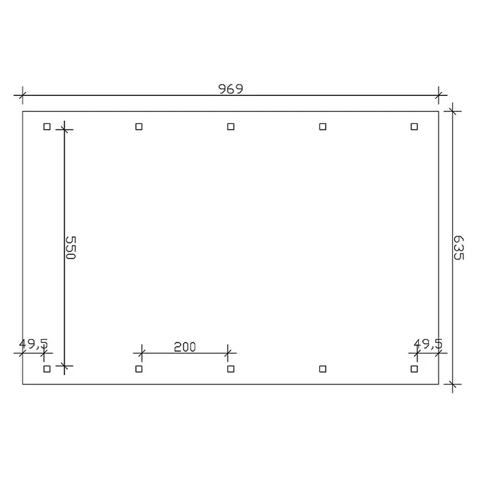SKAN HOLZ Carport Franken - Außenmaß inkl. Dachüberstand (B x T): 6,35 x 9,69 m, Doppelcarport, Natur - Skizze einer rechteckigen Fläche mit den Maßen 969 x 635 und einigen quadratischen Löchern, mit den dazugehörigen Maßangaben.
