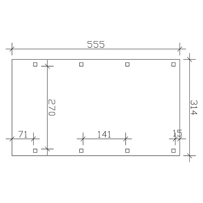 SKAN HOLZ Carport Friesland - Außenmaß inkl. Dachüberstand (B x T): 3,14 x 5,55 m, Einzelcarport, Grün, Dachschalung mit EPDM-Folie - Schema eines rechteckigen Objekts mit Maßen (555 x 314) und mehreren quadratischen Aussparungen zur Detailansicht.