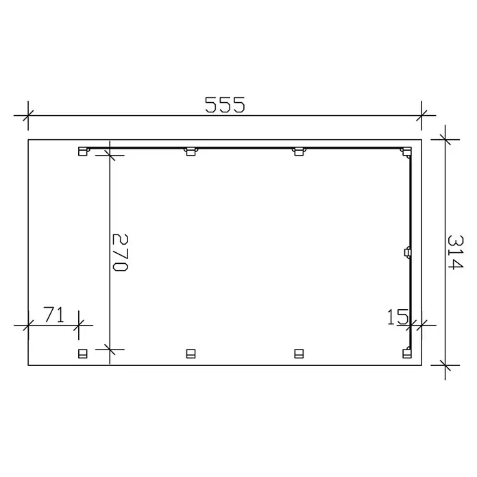 SKAN HOLZ Carport Friesland - Außenmaß inkl. Dachüberstand (B x T): 3,14 x 5,55 m, Einzelcarport, Schiefergrau, Mit Seitenwänden & Rückwand - Technische Zeichnung eines rechteckigen Produkts mit Maßen von 555 x 314 mm, Details zu Innenabmessungen und Montagepunkten.