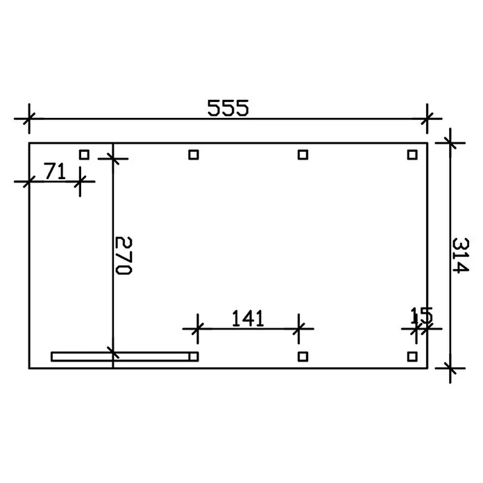 SKAN HOLZ Carport Friesland - Außenmaß inkl. Dachüberstand (B x T): 3,14 x 5,55 m, Einzelcarport, Nussbaum, Mit 1 Einfahrtsbogen - Technische Zeichnung mit Maßen eines Rechtecks, 555 x 314, mit Bohrungen und einer Leiste am unteren Rand.