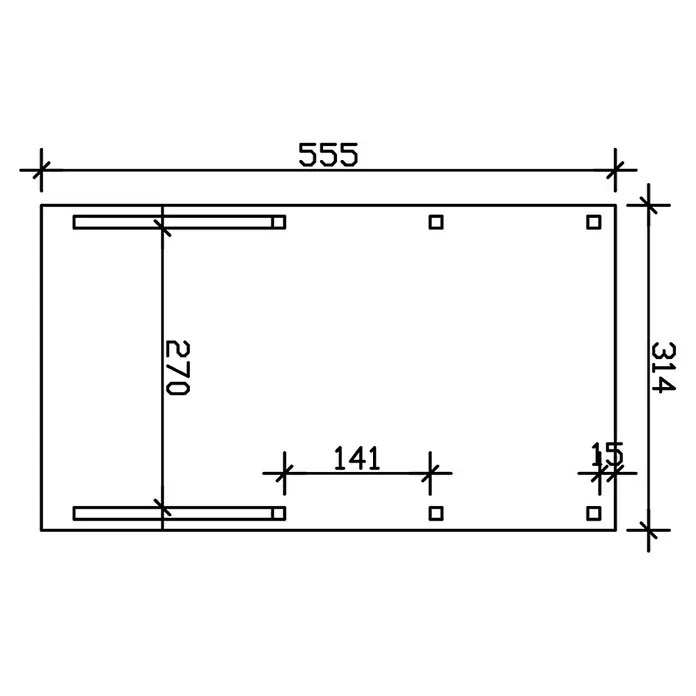 SKAN HOLZ Carport Friesland - Außenmaß inkl. Dachüberstand (B x T): 3,14 x 5,55 m, Einzelcarport, Schiefergrau, Mit 2 Einfahrtsbögen - Draufsicht eines rechteckigen Objekts mit Schlitzen und quadratischen Löchern, bemaßt mit 555 x 314 mm und zusätzlichen Detailmaßen.
