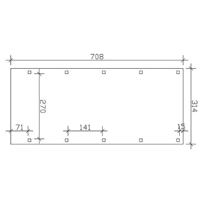 SKAN HOLZ Carport Friesland - Außenmaß inkl. Dachüberstand (B x T): 3,14 x 7,08 m, Einzelcarport, Nussbaum, Material Dach: Holz - Technische Zeichnung eines rechteckigen Objekts mit Maßangaben und quadratischen Aussparungen. Dient zur Darstellung von Abmessungen und Details.