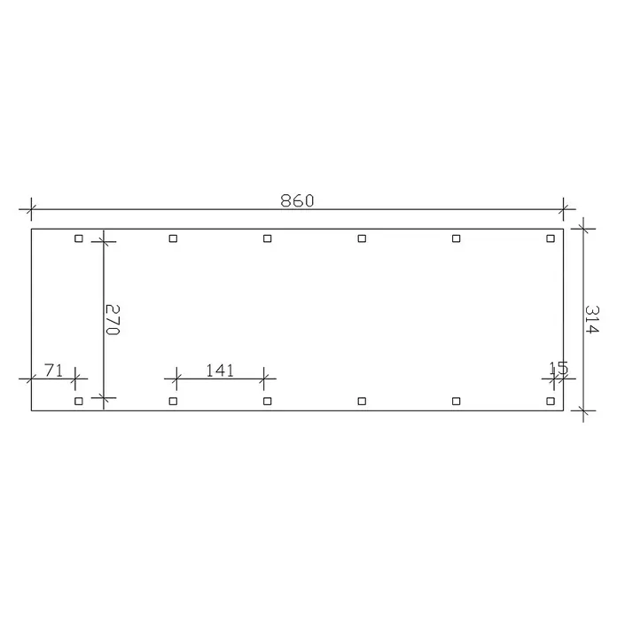 SKAN HOLZ Carport Friesland - Außenmaß inkl. Dachüberstand (B x T): 3,14 x 8,6 m, Einzelcarport, Schiefergrau, Material Dach: Holz - Die Zeichnung zeigt eine rechteckige Platte mit Bohrungen und Maßangaben, die eine detaillierte Konstruktionsansicht bietet.