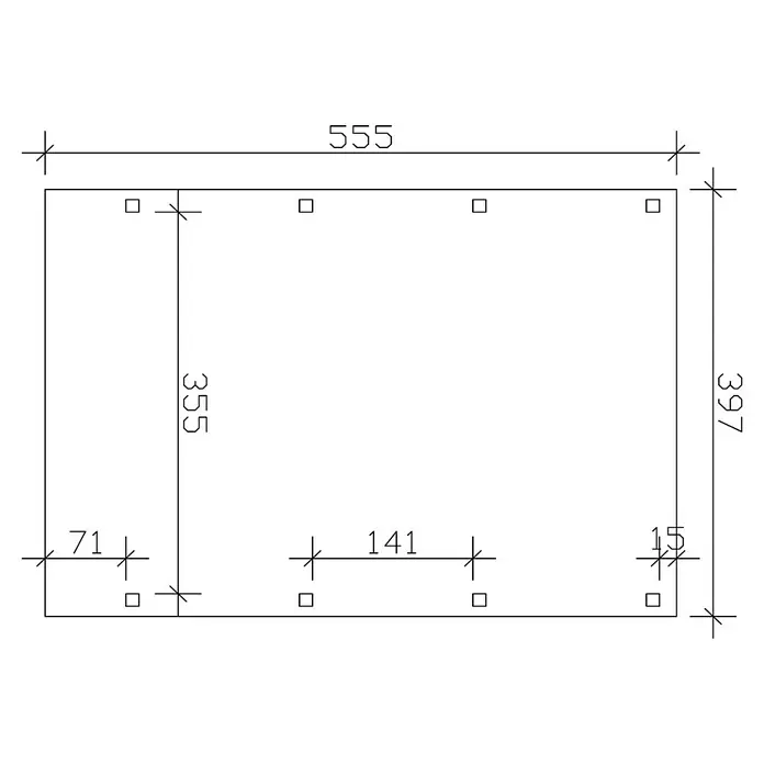 SKAN HOLZ Carport Friesland - Außenmaß inkl. Dachüberstand (B x T): 3,97 x 5,55 m, Einzelcarport, Nussbaum, Dachschalung mit EPDM-Folie - Technische Zeichnung einer rechteckigen Platte mit Bohrungen und Bemaßungen, die in Millimetern angegeben sind.
