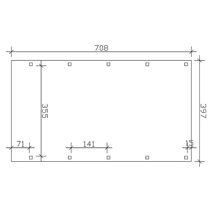 SKAN HOLZ Carport Friesland - Außenmaß inkl. Dachüberstand (B x T): 3,97 x 7,08 m, Einzelcarport, Nussbaum, Material Dach: Holz - Schematische Darstellung eines rechteckigen Objekts mit Maßangaben, das Design- oder Baupläne visuell darstellt.