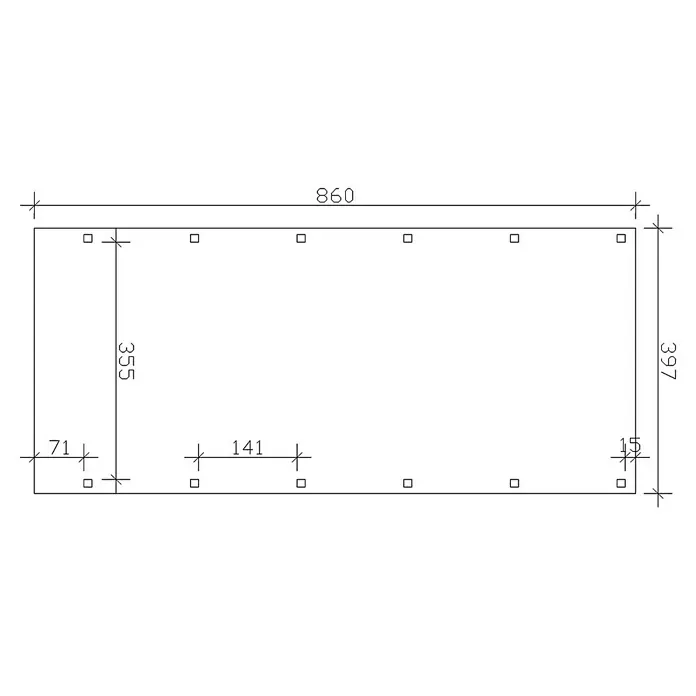 SKAN HOLZ Carport Friesland - Außenmaß inkl. Dachüberstand (B x T): 3,97 x 8,6 m, Einzelcarport, Schiefergrau - Eine Draufsicht des rechteckigen Objekts mit den Abmessungen 860 x 397 und Innenmaßen mit quadratischen Markierungen entlang der Kanten.