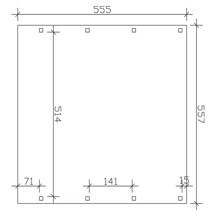 SKAN HOLZ Carport Friesland - Außenmaß inkl. Dachüberstand (B x T): 5,57 x 5,55 m, Doppelcarport, Grün, Dachschalung mit EPDM-Folie - Abbildung eines rechteckigen Objekts mit den Maßen 555 x 557 und Bohrungen mit Abständen von 71 und 141 mm.