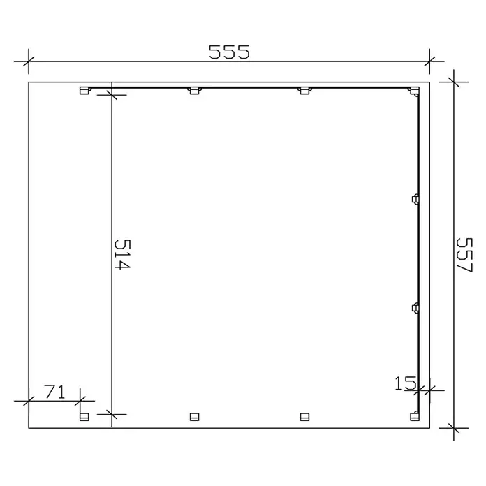 SKAN HOLZ Carport Friesland - Außenmaß inkl. Dachüberstand (B x T): 5,57 x 5,55 m, Doppelcarport, Grün - Schematische Zeichnung eines quadratischen Objekts mit den Maßen 555 x 557 und internen Details, Maße 514 und 71 dargestellt.