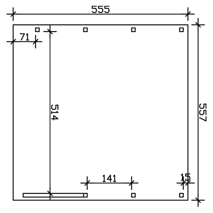SKAN HOLZ Carport Friesland - Außenmaß inkl. Dachüberstand (B x T): 5,57 x 5,55 m, Doppelcarport, Grün, Mit 1 Einfahrtsbogen - Technische Zeichnung eines quadratischen Objekts mit Bemaßungen.
