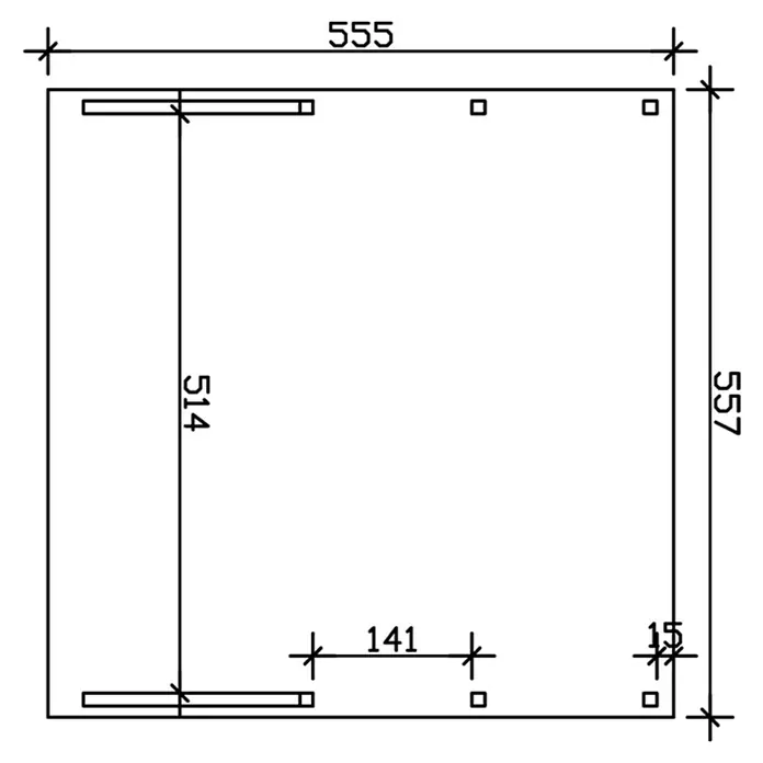 SKAN HOLZ Carport Friesland - Außenmaß inkl. Dachüberstand (B x T): 5,57 x 5,55 m, Doppelcarport, Grün, Mit 2 Einfahrtsbögen - Technische Zeichnung einer quadratischen Platte mit diversen Bohrungen und Befestigungen sowie Maßangaben in Millimetern.