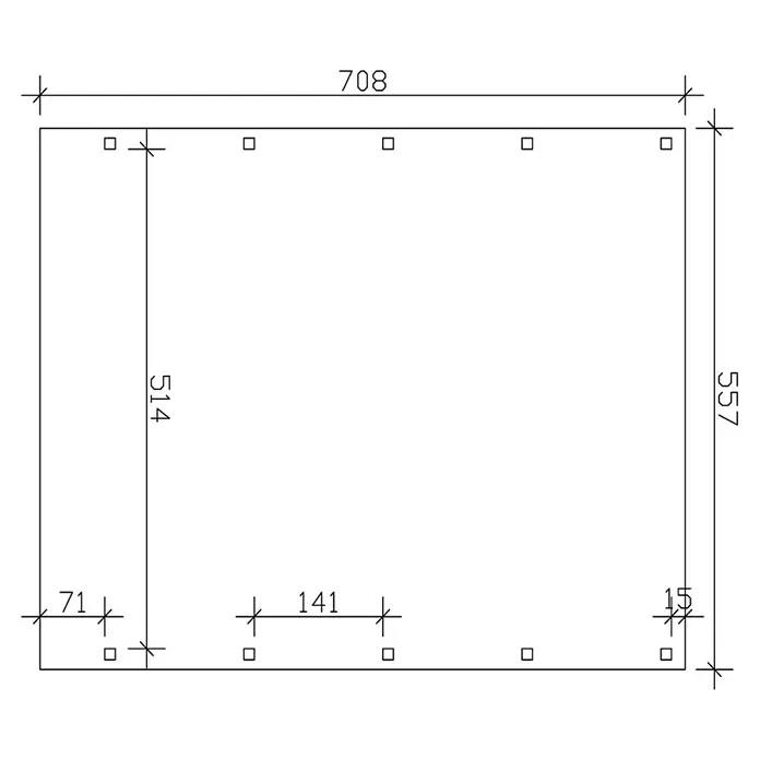 SKAN HOLZ Carport Friesland - Außenmaß inkl. Dachüberstand (B x T): 5,57 x 7,08 m, Doppelcarport, Nussbaum, Material Dach: Holz - Draufsicht auf eine rechteckige Platte mit rechteckigen Löchern, Bemaßungen und technischen Details.