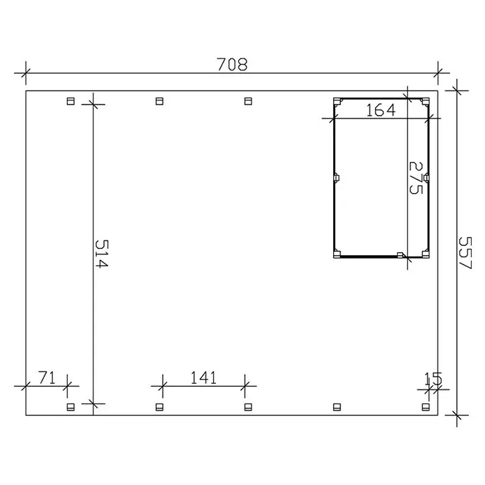 SKAN HOLZ Carport Friesland - Außenmaß inkl. Dachüberstand (B x T): 5,57 x 7,08 m, Doppelcarport, Nussbaum, Mit Abstellraum - Draufsicht einer Konstruktionszeichnung mit Maßangaben für eine Platte mit rechteckigem Ausschnitt und Bohrungen.