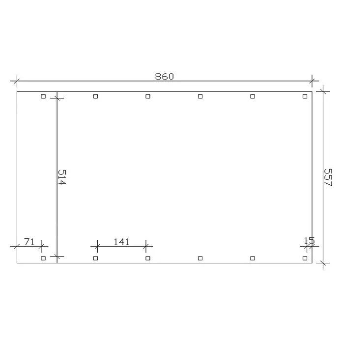 SKAN HOLZ Carport Friesland - Außenmaß inkl. Dachüberstand (B x T): 5,57 x 8,6 m, Doppelcarport, Nussbaum, Materialspezifizierung Dach: EPDM-Folie, Fichte - Eine technische Zeichnung mit Maßen eines rechteckigen Objekts, das durch Linien und Quadrate dargestellt wird.