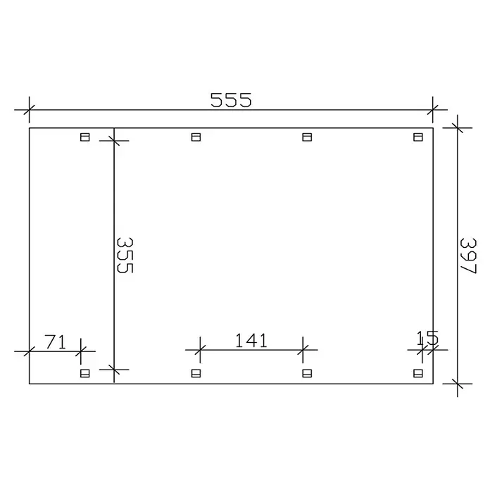 SKAN HOLZ Carport Friesland - Außenmaß inkl. Dachüberstand (B x T): 3,97 x 5,55 m, Einzelcarport, Nussbaum, Carport geeignet für: Caravans - Schema des Produkts mit Maßangaben und Bohrlöchern, das Design und die Spezifikationen hervorhebt.\n
