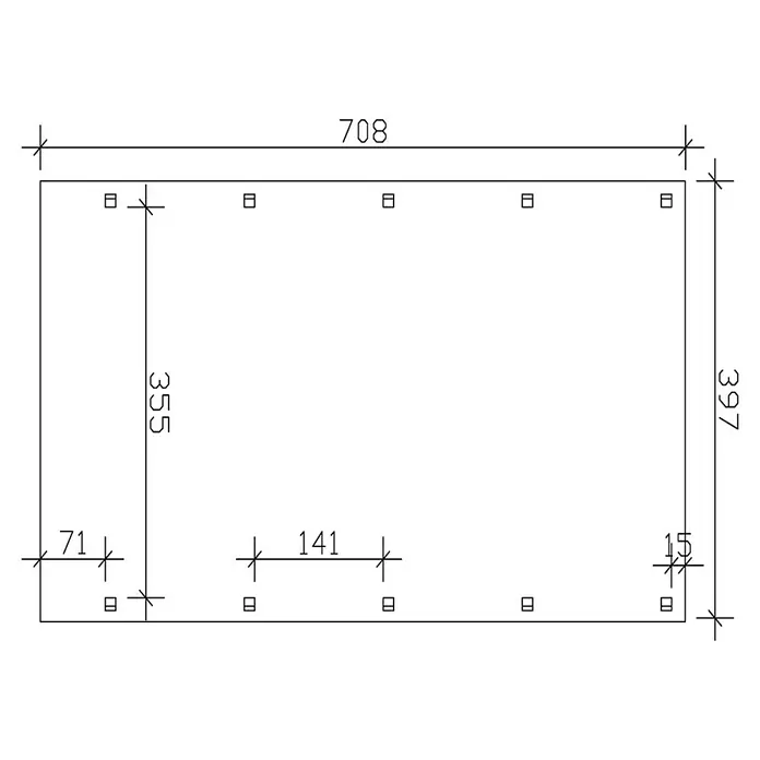 SKAN HOLZ Carport Friesland - Außenmaß inkl. Dachüberstand (B x T): 3,97 x 7,08 m, Einzelcarport, Nussbaum, Carport geeignet für: Caravans - Eine rechteckige Zeichnung mit Maßen und Lochpositionen, technische Darstellung für Fertigung oder Konstruktion.