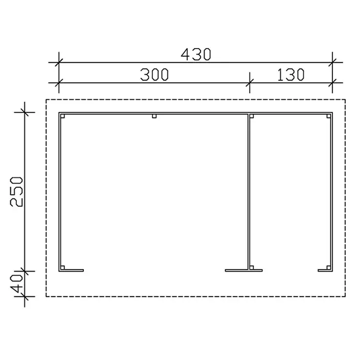 SKAN HOLZ Holzunterstand Knut - 250 x 430 x 249,5 cm, Natur - Technische Zeichnung eines Raumgrundrisses mit Maßen. Das Layout zeigt ein Zimmer mit zwei Abschnitten.