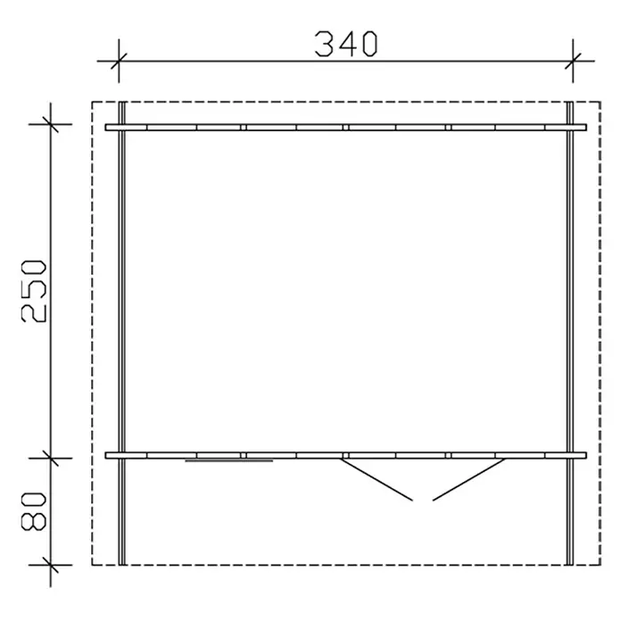 SKAN HOLZ Gartenhaus Langesund 1 - Außenmaß inkl. Dachüberstand (B x T): 380 x 350 cm, Holz, Natur - Technische Zeichnung eines Regals mit den Maßen 340 x 250 x 80 mm.