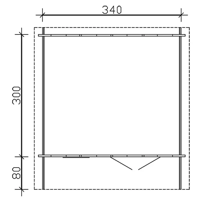 SKAN HOLZ Gartenhaus Langesund 2 - Außenmaß inkl. Dachüberstand (B x T): 380 x 400 cm, Holz, Natur - Grundriss einer Lagerstruktur mit den Maßen 340 x 380 und Details zu den Regalen.