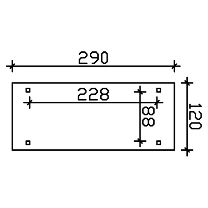 SKAN HOLZ Kaminholzregal Lars 2 - 290 x 128 x 247 cm, Holz, Natur - Technische Zeichnung einer rechteckigen Platte mit den Maßen 290 x 120 und vier quadratischen Löchern, detailliert mit 228 und 88.