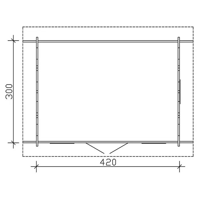 SKAN HOLZ Gartenhaus Lugano 1 - Außenmaß inkl. Dachüberstand (B x T): 500 x 380 cm, Holz, Natur, 2 Lagen Dachschaltung - Skizze eines rechteckigen Holzhauses mit den Maßen 300 x 420 cm, ideal für den Garten oder als zusätzlicher Wohnraum.
