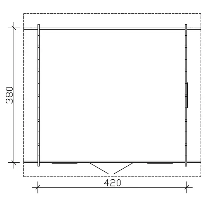 SKAN HOLZ Gartenhaus Lugano 2 - Außenmaß inkl. Dachüberstand (B x T): 500 x 460 cm, Holz, Natur, 1 Lage Dachschalung - Schema einer Holzkonstruktion mit Bemaßung, die eine rechteckige Struktur mit den Maßen 380 x 420 zeigt. Es zeigt das Design und die Abmessungen.