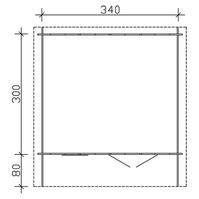 SKAN HOLZ Gartenhaus Malaga 1 - Außenmaß inkl. Dachüberstand (B x T): 380 x 400 cm, Holz, Natur - Technische Zeichnung eines kleinen Hauses mit Maßen. Die Gesamthöhe beträgt 380 und die Breite 340.
