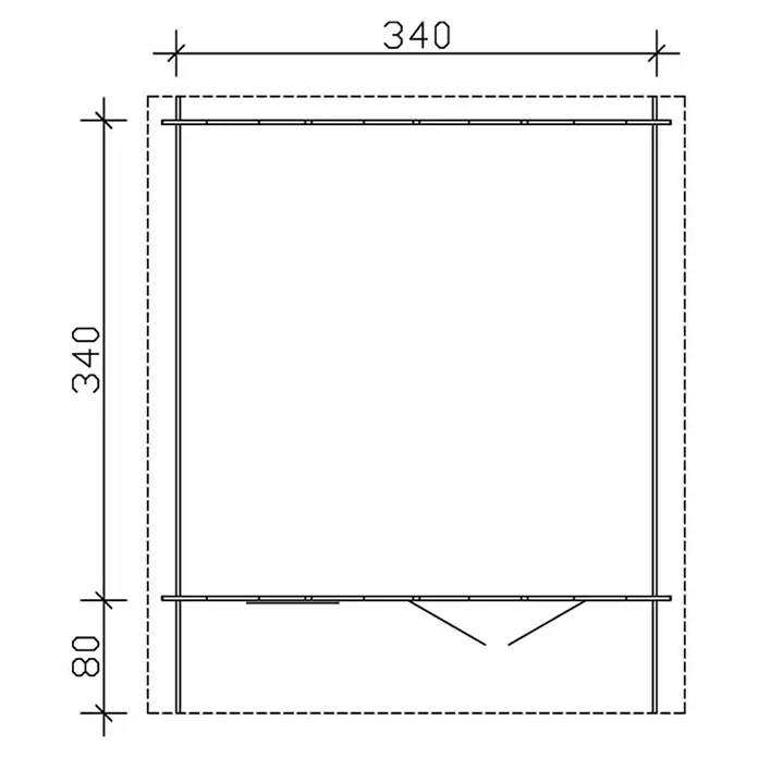 SKAN HOLZ Gartenhaus Malaga 2 - Außenmaß inkl. Dachüberstand (B x T): 380 x 440 cm, Holz, Natur - Produktdimensionen: 340 x 340 mm, Sockelhöhe 80 mm. Technisches Schema zur Produktbeschreibung für Planungszwecke.