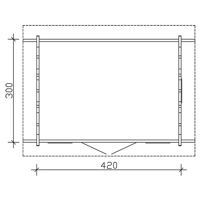 SKAN HOLZ Gartenhaus Montreal 1 - Außenmaß inkl. Dachüberstand (B x T): 500 x 380 cm, Holz, Natur, Dachschalung & Dachlattung - Draufsicht des rechteckigen Holzhauses mit Abmessungen, 300 x 420 cm.