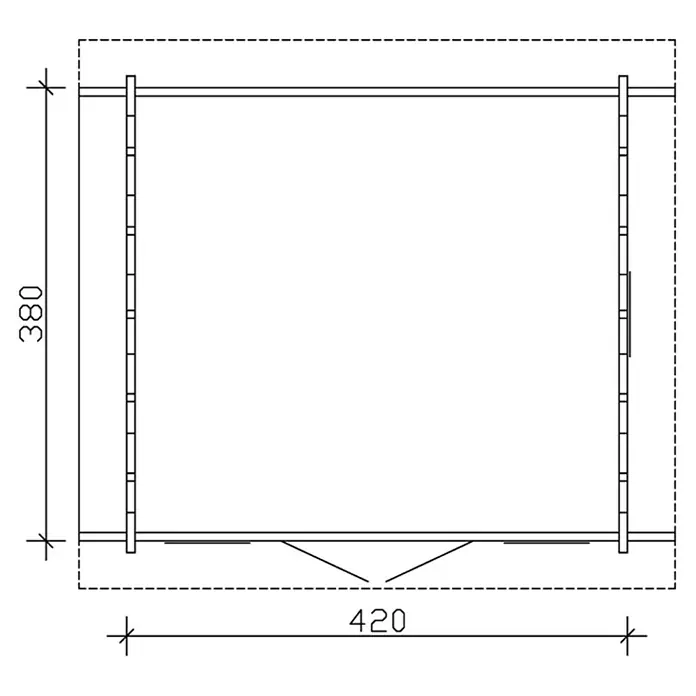 SKAN HOLZ Gartenhaus Montreal 2 - Außenmaß inkl. Dachüberstand (B x T): 500 x 460 cm, Holz, Natur, Dachschalung & Dachlattung - Grundriss des Gartenhauses mit den Maßen 420 x 380 cm. Die detaillierte Zeichnung zeigt die Struktur und Anordnung der Wände.