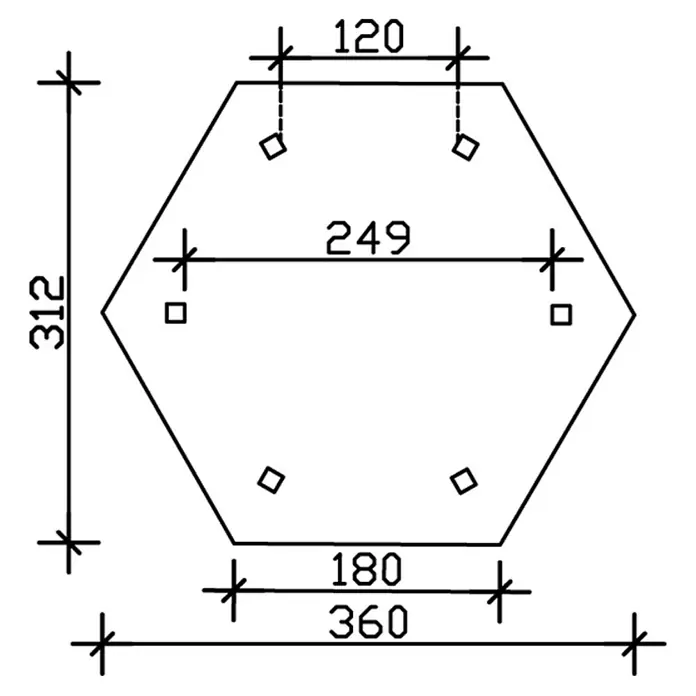 SKAN HOLZ Pavillon Nancy 1 - L x B: 312 x 360 cm, Schiefergrau - Eine hexagonale Platte mit verschiedenen Bohrungen und den Maßen 312 mm Höhe und 360 mm Breite.