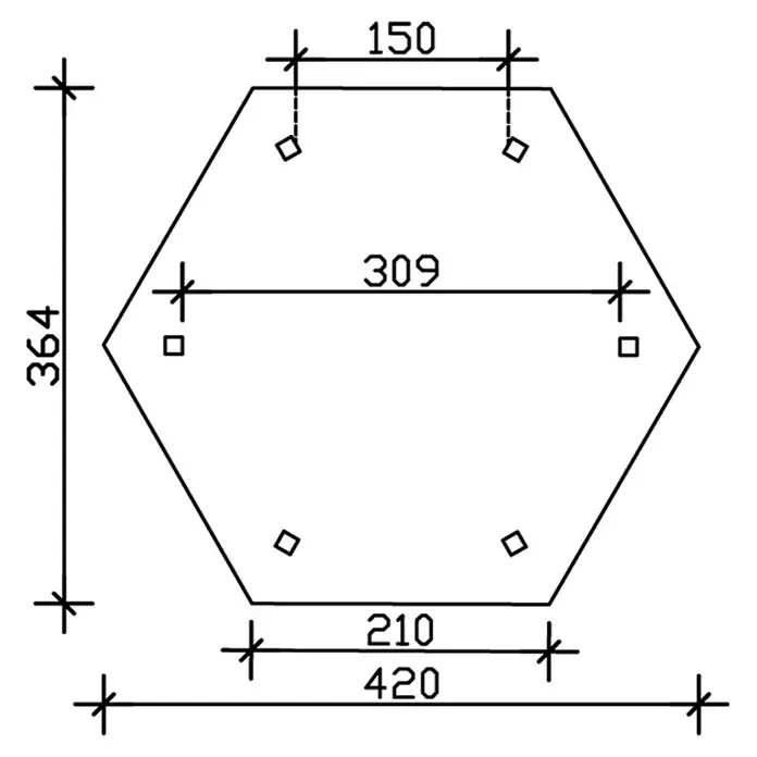 SKAN HOLZ Pavillon Nancy 2 - L x B: 364 x 420 cm, Eiche hell - Draufsicht einer sechseckigen Platte mit Abmessungen und Bohrungen für Befestigungen.
