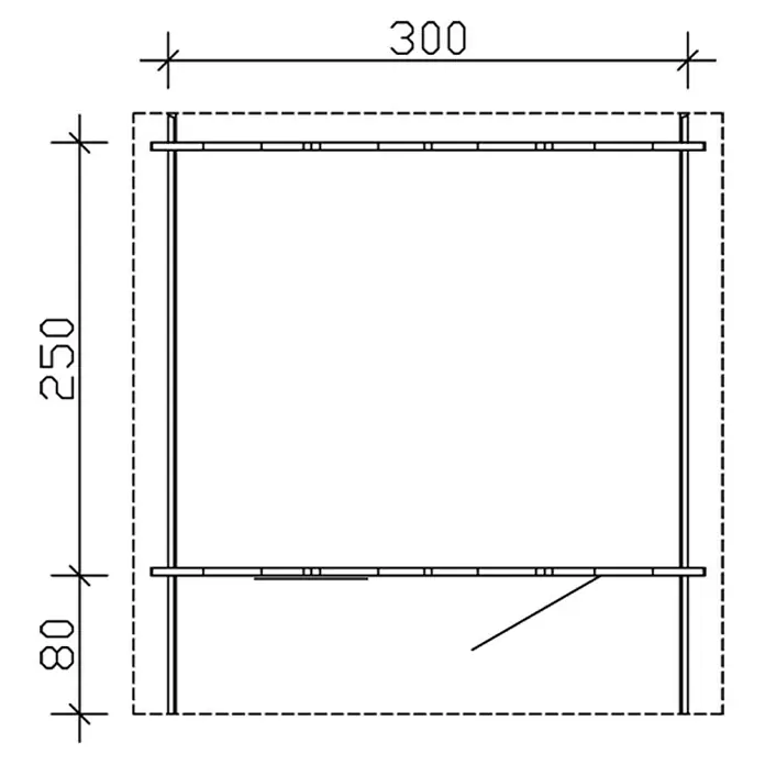 SKAN HOLZ Gartenhaus Narvik 1 - Außenmaß inkl. Dachüberstand (B x T): 340 x 350 cm, Holz, Natur - Draufsicht auf ein Regal mit den Maßen 300 mm Breite und 250 mm Höhe, Sockel 80 mm. Klare Linien, ideal für Lager oder Werkstatt.
