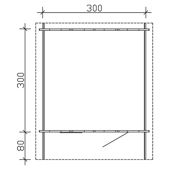 SKAN HOLZ Gartenhaus Narvik 2 - Außenmaß inkl. Dachüberstand (B x T): 340 x 400 cm, Holz, Natur - Technische Zeichnung eines Schranks mit den Maßen 300 x 300 x 80. Die Konstruktionszeichnung zeigt die Details des Schranks.
