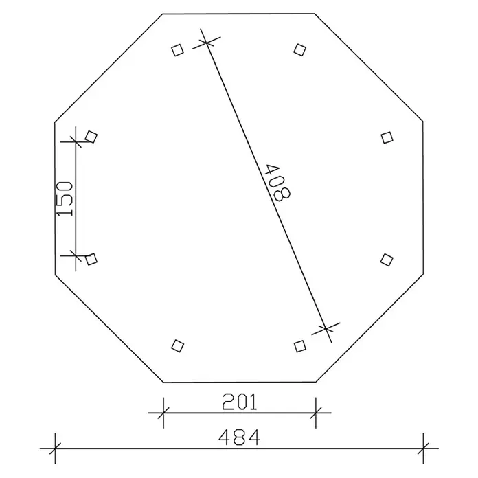 SKAN HOLZ Pavillon Nice 2 - L x B: 484 x 484 cm, Holz, Schiefergrau - Die Abbildung zeigt eine achteckige Platte mit Maßen von 484 x 201 mm und einem Diagonalmaß von 408 mm, zusätzlich ist eine Seitenlänge von 150 mm angegeben.
