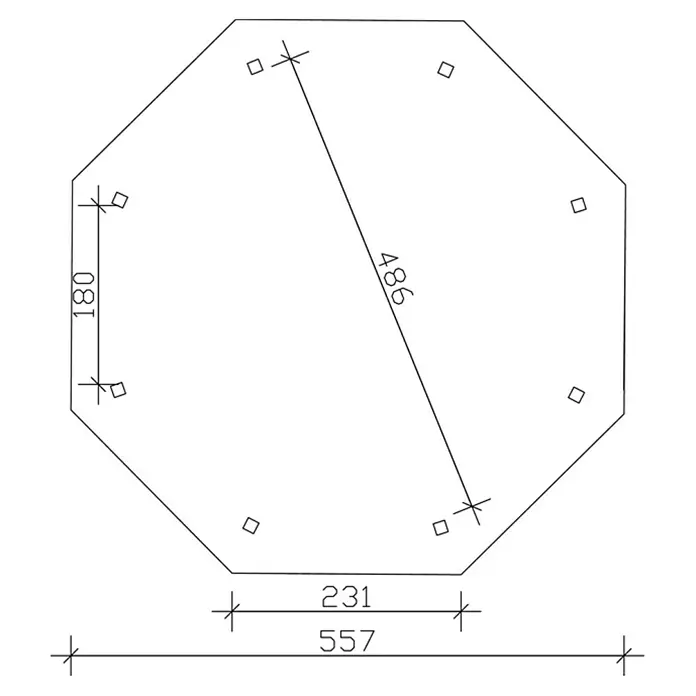 SKAN HOLZ Pavillon Nice 3 - L x B: 557 x 557 cm, Schiefergrau - Draufsicht eines achteckigen Objekts mit Abmessungen und Bohrlöchern, technische Zeichnung mit allen wichtigen Maßen.
