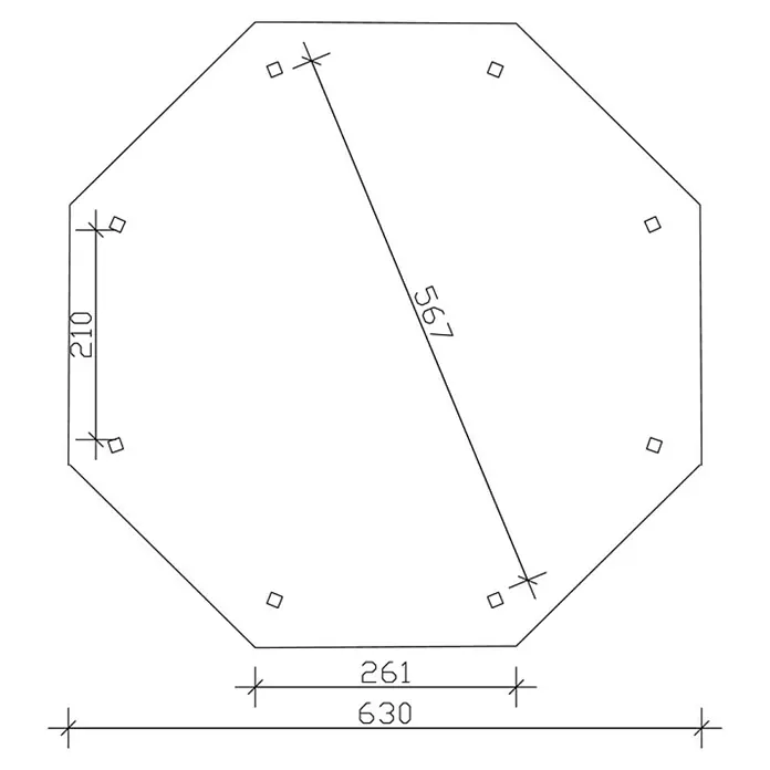 SKAN HOLZ Pavillon Nice 4 - L x B: 630 x 630 cm, Schiefergrau - Diese Abbildung zeigt eine achteckige Platte mit einigen Maßen, wie z.B. 210 und 567, zur besseren Darstellung der Plattengeometrie.