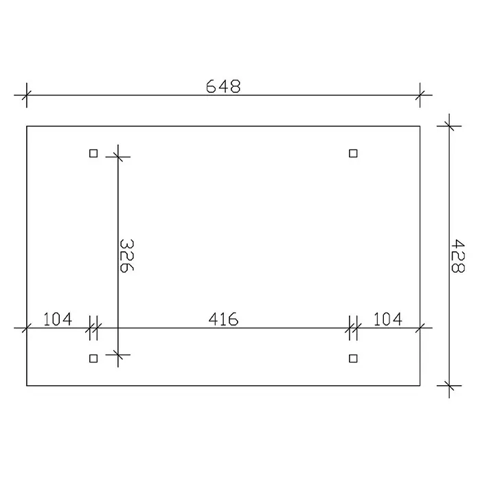 SKAN HOLZ Carport Odenwald - Außenmaß inkl. Dachüberstand (B x T): 4,28 x 6,48 m, Einzelcarport, Eiche Hell - Technische Zeichnung einer rechteckigen Platte mit Maßangaben und Bohrungen. Die Platte ist 648 x 428 mm groß.