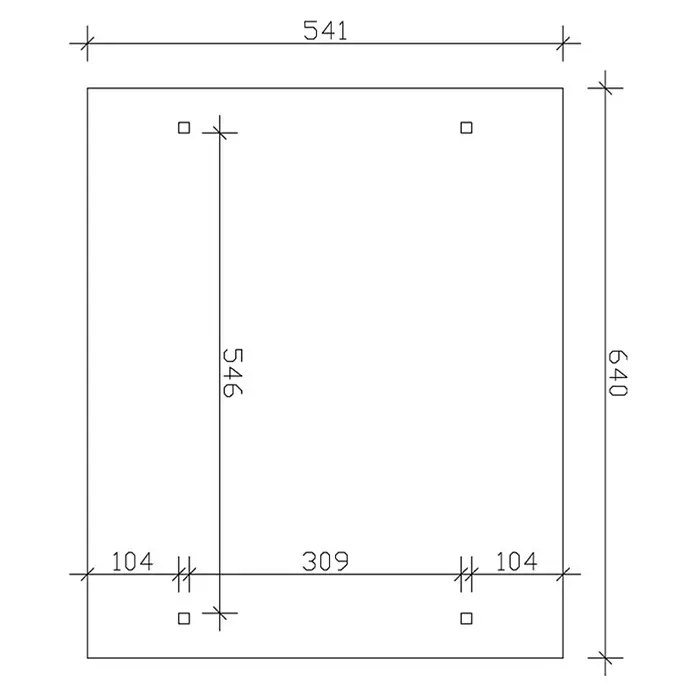 SKAN HOLZ Carport Odenwald - Außenmaß inkl. Dachüberstand (B x T): 6,4 x 5,41 m, Doppelcarport, Schiefergrau - Technische Zeichnung einer quadratischen Platte mit Bohrungen und Abmessungen, die die Position und Größe der Platte zeigen.