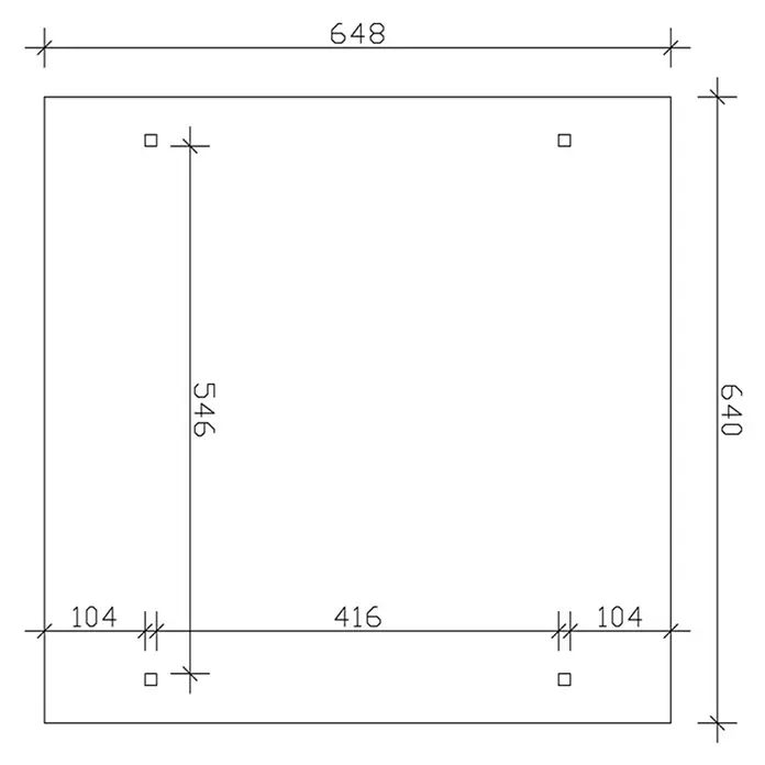 SKAN HOLZ Carport Odenwald - Außenmaß inkl. Dachüberstand (B x T): 6,4 x 6,48 m, Doppelcarport, Weiß - Schemazeichnung einer quadratischen Platte mit den Maßen 648 x 640 mm und vier Bohrlöchern, die mit den angegebenen Abständen platziert sind.