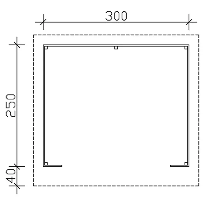 SKAN HOLZ Holzunterstand Ole - 250 x 300 x 249,5 cm, Natur - Technische Zeichnung eines U-förmigen Metallprofils mit Maßangaben (300 x 250 x 40). Präzise Darstellung für Konstruktion und Fertigung.