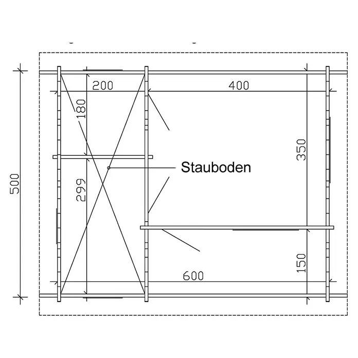 SKAN HOLZ Gartenhaus Ontario - Außenmaß inkl. Dachüberstand (B x T): 680 x 580 cm, Holz, Natur, 1 Lage Dachschalung - Skizze eines Regals mit verschiedenen Maßen, darunter 500, 200, 400, 350, 150, 180, 299 und 600, mit der Beschriftung "Stauboden".
