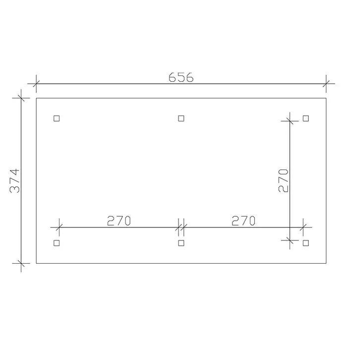 SKAN HOLZ Pavillon Orleans 1 - L x B: 656 x 374 cm, Holz, Eiche hell - Technische Zeichnung eines Rechtecks mit mehreren quadratischen Markierungen und Maßangaben, die eine detaillierte Ansicht bietet.