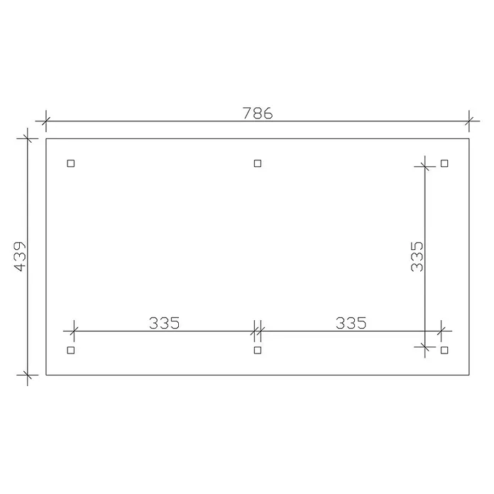 SKAN HOLZ Pavillon Orleans 2 - L x B: 786 x 439 cm, Holz, Schiefergrau - Eine technische Zeichnung mit Abmessungen von 786 x 439 und Details zu Abständen von 335, die ein Rechteck darstellen.